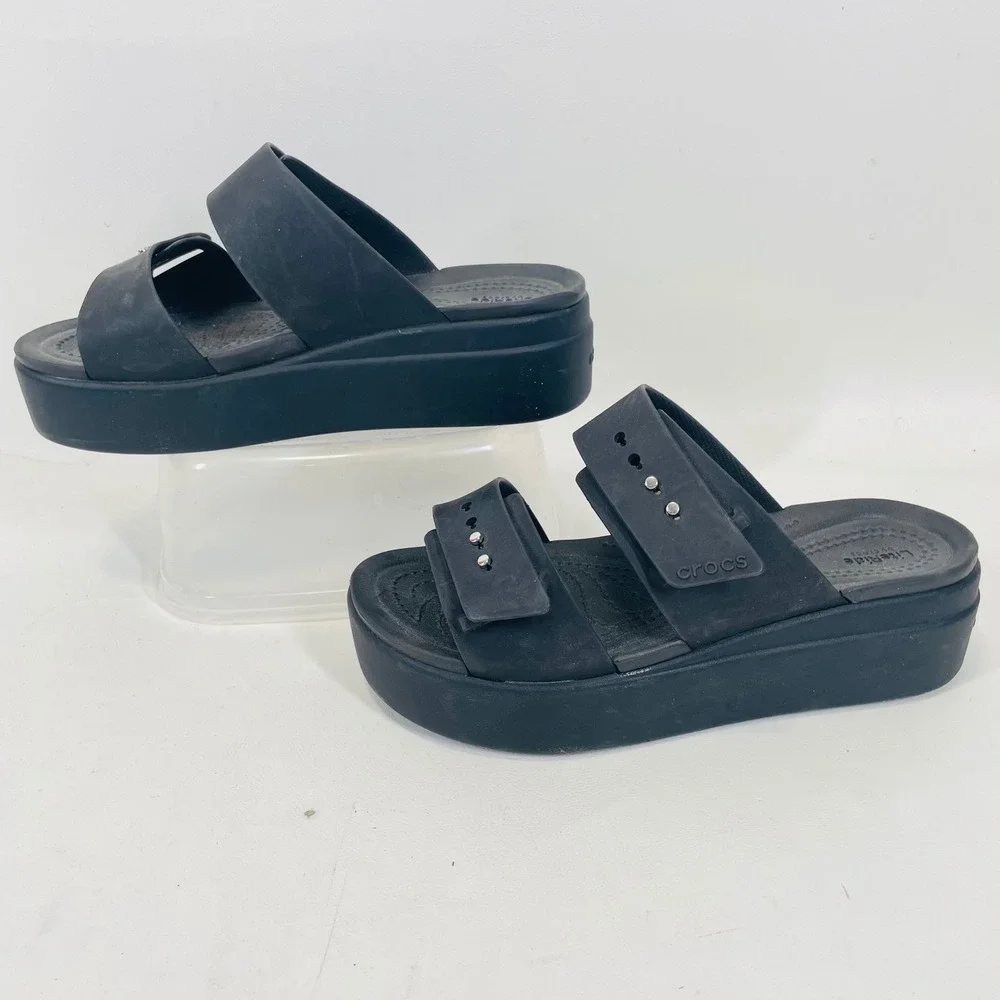 Crocs LiteRide Black Platform Sandals Women 6 Studded Double Strap Slide 207431
